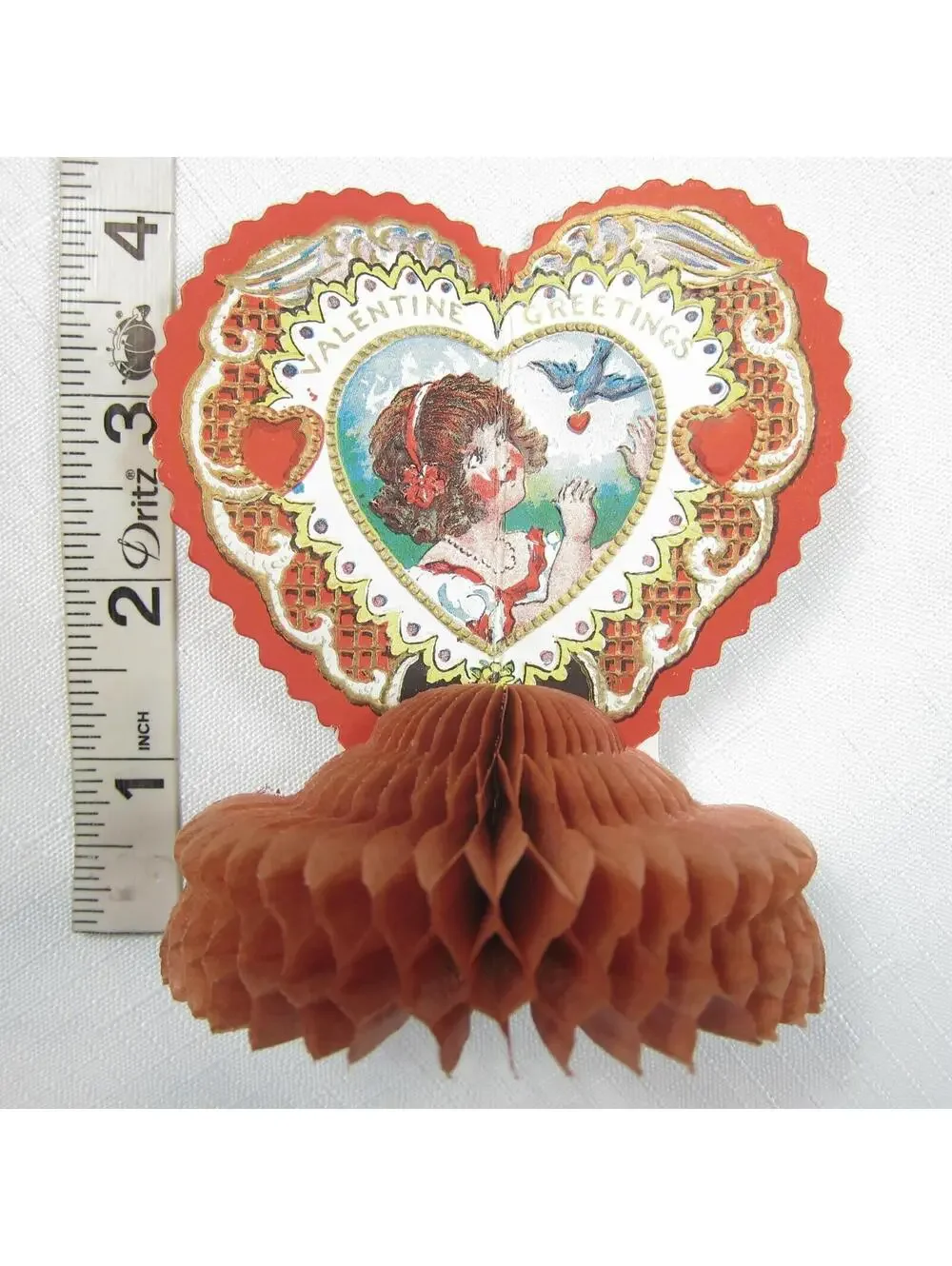 Vintage Valentine Beistle Honeycomb Stand Up Heart Girl & Blue Bird USA 1920-30s